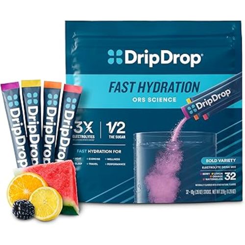 DripDrop Hydration Packets - Bold Variety Pack - Single Serve Electrolytes Powder Drink Mix - Watermelon, Berry, Lemon, Orange - Non-GMO, Gluten Free, Vegan - 32 Sticks