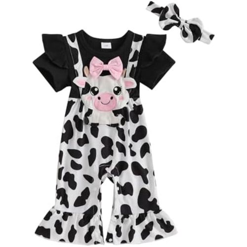 Newborn Infant Baby Girl Cow Romper Ruffle Short Sleeve Ribbed Suspender Flare Jumpsuit One Piece Summer Clothes