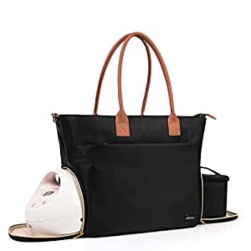 Teamoy Breast Pump Travel Bag, Leather Handle Pumping Tote Compatible with Spectra S1,S2, Medela and Cooler Bag, Laptop Breast Pump Storage Bag for Working Moms, Black (PU Handle) : Baby