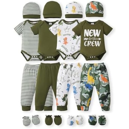 NZRVAWS Newborn Baby Boy Girl Clothes Unisex Infant Romper Pants Set Hat 4-Pack Outfits 0-12 Months 16 Pieces Toddler