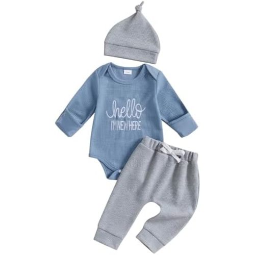 BeQeuewll Newborn Boy Clothes Fall Winter Knit Outfits I AM NEW HERE Romper +Pants+Hats 3Pcs Baby Boy Coming Home Outfit