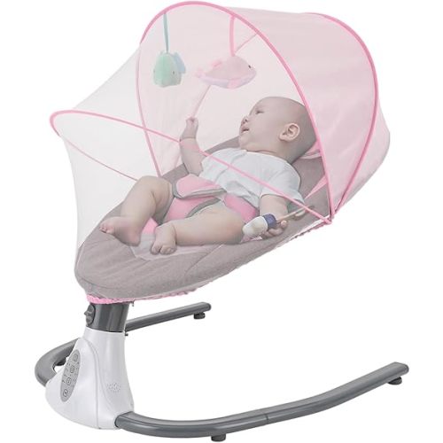 Electric Baby Swings for Infants, Pink Baby Swing with Remote Control, 5 Sway Speeds, Built-in 12 Lullabies, Compact Automatic Toddler Rocker for 0-18 Months & Max39Lbs
