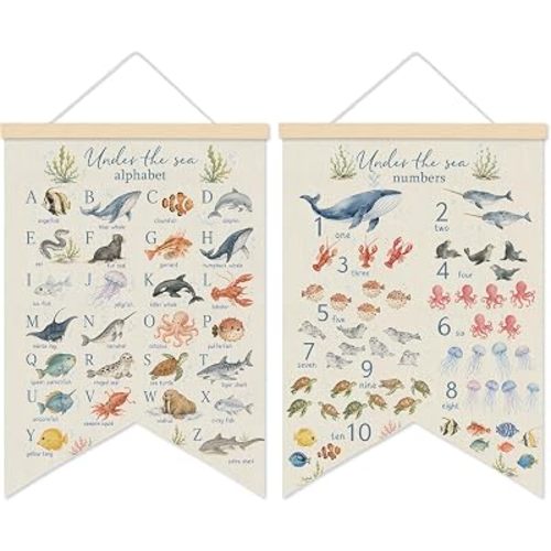 LARNDUMAMA Ocean Nursery Alphabet Wall Art Canvas Banner Poster Set of 2