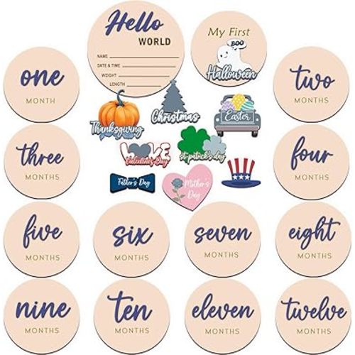 Monthly Baby Milestone Maker Discs, Baby Milestone Signs for Newborn Baby, Hello World Newborn Sign for Girl & Boy, Baby Announcement Sign for 1-12 Month, Milestone Wooden Circles (Sage) (Navy)