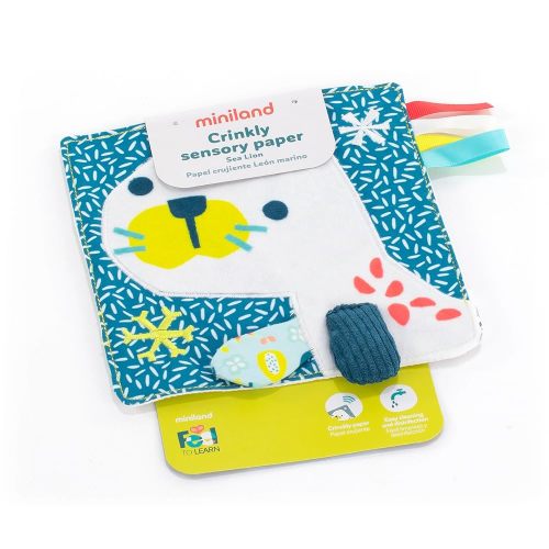 Miniland Feel to Learn Crinkly Sensory Paper Sea Lion for Infant & Toddlers. Multicolored teether with Soft Touch