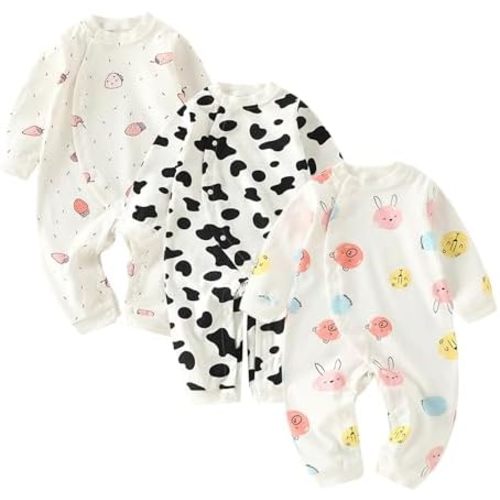 Newborn Baby Romper - Unisex Cotton Bodysuit for Infant Baby Boys Girls 3 Pack Long Sleeve Button Solid Jumpsuits