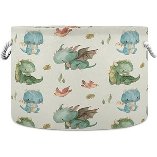 Watercolor Cute Dragon Cotton Rope Basket Large Round Baby Laundry Basket Toy Blanket Books Storage Bin for Bedroom Bathroom Nursery Home Decor, 20 x 14 Inch