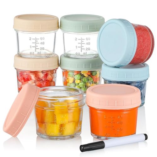 VITEVER 8 Pack Glass Baby Food Storage Containers, 4 oz Baby Food Jars with Plastic Lids, Small Baby Food Maker, Reusable Infant Freezer Container, Microwave, Dishwasher & Freezer Safe, BPA Free - 8 PACK - Macaron