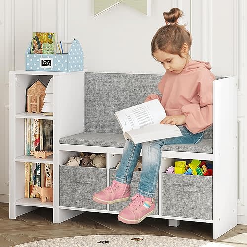 UTEX Kids Bookshelf with Reading Nook, Toddler Bookcase Bench and Toy Storage Organizer with Seat and Back Cushion, Reading Corner with Bins for Bedroom & Entryway, White