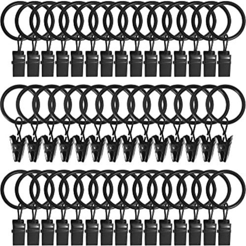 44 Pack Metal Curtain Rings with Clips, Drapery Clips with Rings, Drapes Rings 1 in I D, Fits Diameter 6/8 in Curtain Rod, Black