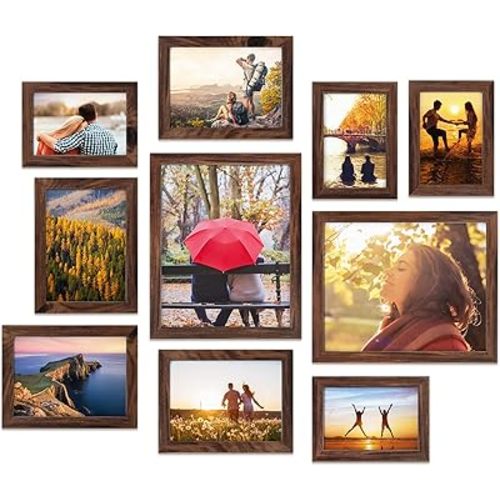 Giftgarden 10-Pack Brown Picture Frames for Multiple Sizes Photos, Four 4x6, Four 5x7, Two 8x10, Multi Assorted Rustic Walnut-Color Frame Collage for Wall or Tabletop