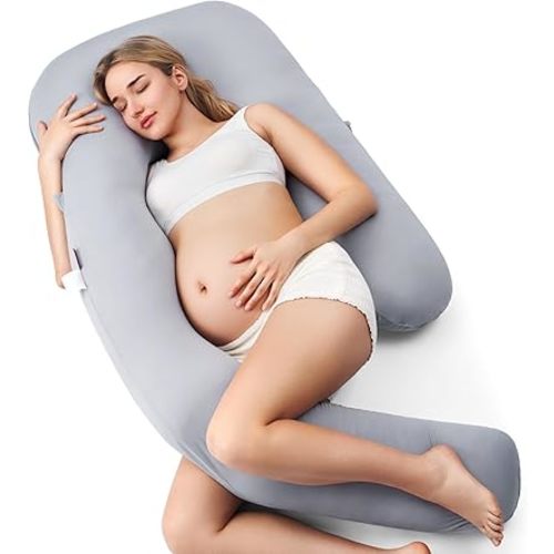 Momcozy Pregnancy Pillow with Cooling Cover, Dreamlign U Pro Maternity Pillow with Adjustable Leg Pillow - Support for Back, HIPS, Belly, Legs for Pregnant Women, 50-72 Inch Full Body Pillow, Grey