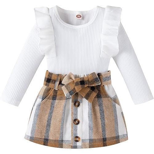 fhutpw Baby Toddler Girl Outfits Fall Winter Clothes Turtleneck Knitted Cotton Long Sleeves Tops & Button Mini Skirts Set