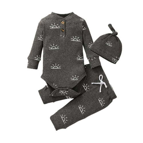 Newborn Infant Baby Boy Clothes Long Sleeve Romper Pants Headband Hat Outfits Set ( 3-6 Months, Grey)
