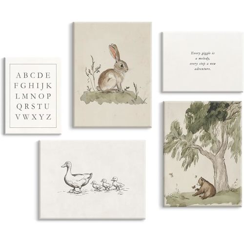Vintage Nursery Wall Art Kids Canvas Prints Baby Boys Wall Decor Animal Pictures Bunny Poster Neutral Children Prints Duck Painting Woodland Bear Artwork for Farmhouse Bedroom 8x10 Inch Ready to Hang