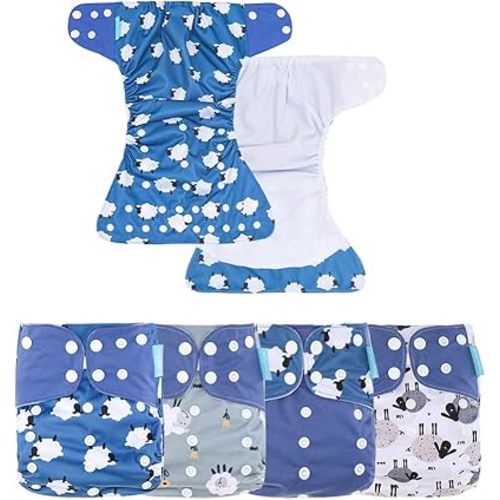 HappyFlute 4 Sets Newborn Baby Cloth Pocket Diapers One Size Adjustable Reusable for Baby Boys and Girls(No Inserts,Blue)