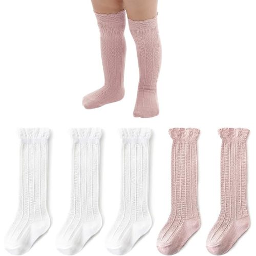 American Trends Infant Knee High Socks Tube Long Stockings for Girls Boys Newborn Baby Toddlers Ruffled Uniform Socks Pink & White 0-6 Months