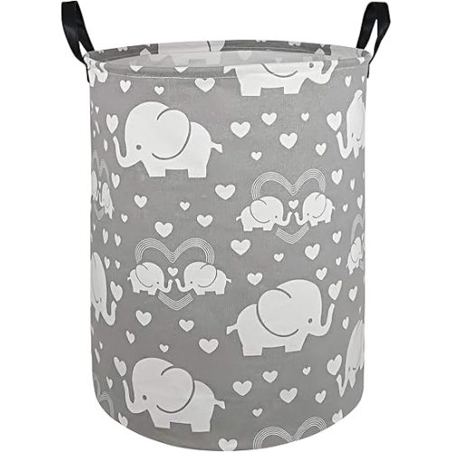Round Elephant Pattern Laundry Hamper Storage Basket Organizer Hamper Storage Bins for Clothes Toys Box Nursery Hamper Gift Basket with Handles