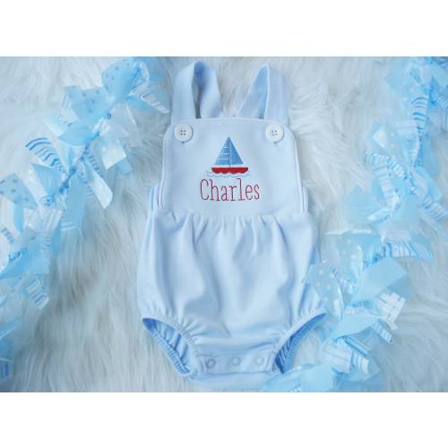Boy&#39;s Blue Summer Sunsuit, Personalized Sunsuit, Sailboat Embroidered Sun Bubble