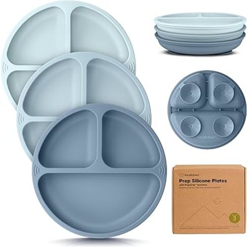 KeaBabies Suction Plates for Baby, Toddler - 3-Pack 100% Silicone Toddler Plates with Suction, Divided, BPA-Free Baby Led Weaning Essentials for Kids, Dishwasher, Microwave Safe, Durable (Alps)