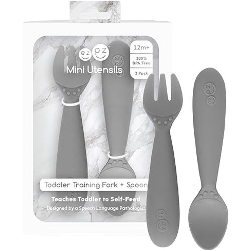 ezpz Mini Utensils - 12 Months+ (Fork & Spoon in Gray) - 100% BPA Free Fork and Spoon - Toddler Utensils - Designed by a Pediatric Feeding Specialist