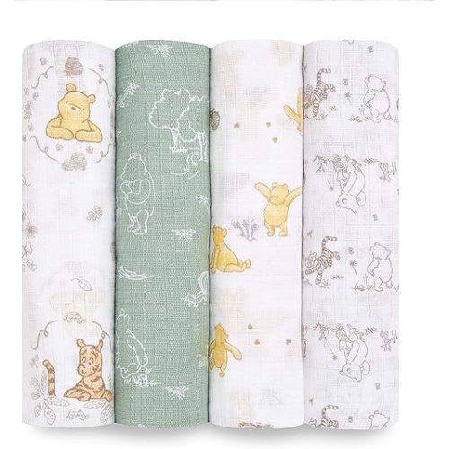 aden + anais Essentials Disney Muslin Swaddle Blankets for Baby Girls and Boys, Newborn Receiving Blanket for Swaddling, 100% Cotton Baby Swaddle Wrap, 4 Pack, Winnie + Friends