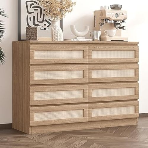 Rattan Dresser for Bedroom, 8 Drawer Double Dresser for Bedroom with Smooth Mental Slide, Modern Wood Chest of Drawers for Bedroom, Living Room, Hallway, Natural