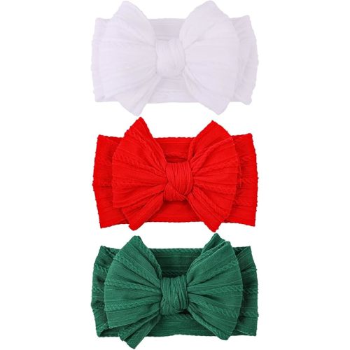 LemonSpace Handmade Baby Girls Headbands Soft Stretchy Nylon Hair Bands Hair Accessories with Bows for Newborn Baby Girls Infant Toddlers Kids (Red Green White-Merry Christmas)