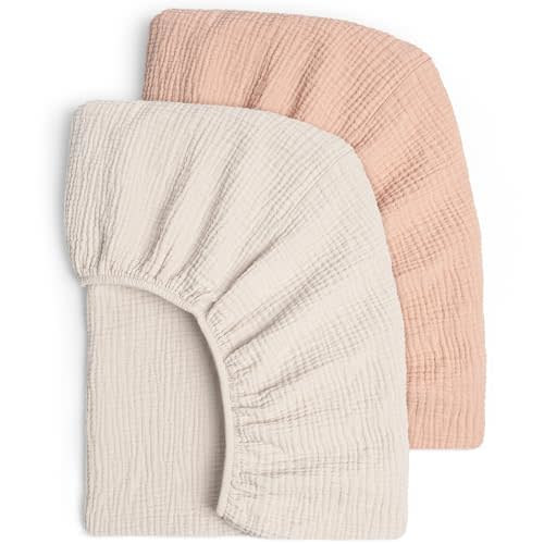 Lulu moon Muslin Crib Sheets - Fitted Crib Mattress Sheets for Boys and Girl - 28"x 52", 2 Pack (Cream & Peach)