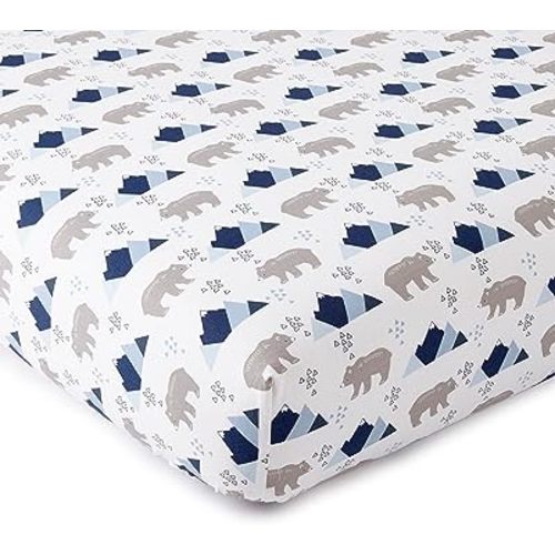 Levtex Baby - Trail Mix Crib Fitted Sheet - Fits Standard Crib and Toddler Mattress - Tossed Bears and Moutains - Blue, Grey and White - Nursery Accessories - 100% Cotton