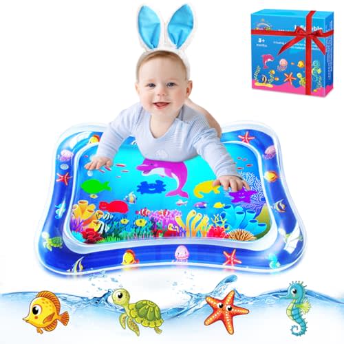 ZMLM Baby Tummy Time Water Mat for Babies, Baby Toys Gifts for Newborn Infant 3 6 9 12 Month Boy Girl Easter Basket Stuffers Inflatable Activity Play Sensory Mat Toddler(Blue)