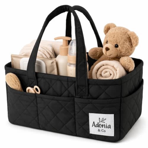 Diaper Caddy Organizer – Baby Essentials Organizer, Large Nursery Storage Basket with Removable Divider, 8 Exterior Pockets, Portable, Machine Washable, Structured Design, Black