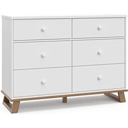 Storkcraft Modern 6 Drawer Double Dresser (White with Vintage Driftwood) – GREENGUARD Gold Certified, Modern Double Dresser for Nursery and Kids Bedroom, Wide Dresser Organizer for Children’s Bedroom