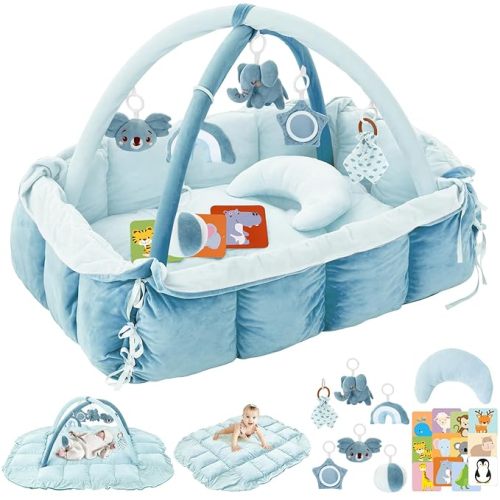 5-in-1 Plush Baby Play Gym, Baby Play Mats, Convertible Baby Gym with Pillow, Tummy time mat, 6 Sensory Toys, Activity Center, Ball Pit, Blue