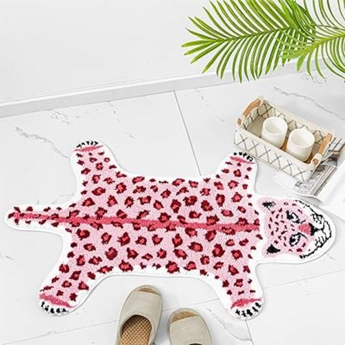 ZSCYD-yingda1992 Leopard Shaped Animals Bath Mat Non-Slip Bathroom Door Mat for Bedroom Bathroom Kitchen Cartoon Area Rug for Tub Soft Bathtub Home Decor Pink
