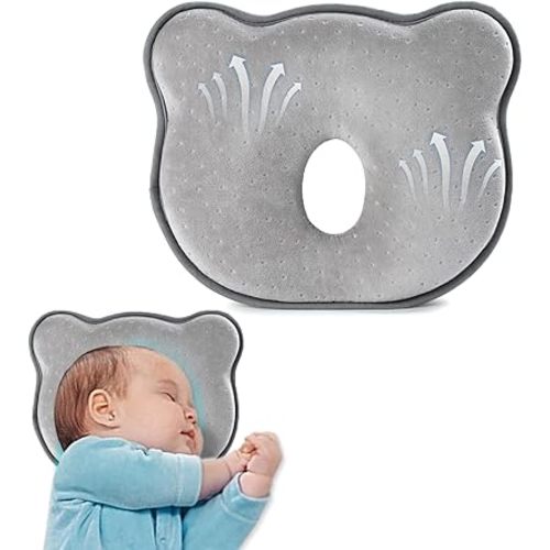Memory Foam Baby Pillow to Prevent Flat Head Soft and Cozy Cartoon Travel Pillow for Small Boys and Girls(Gray)