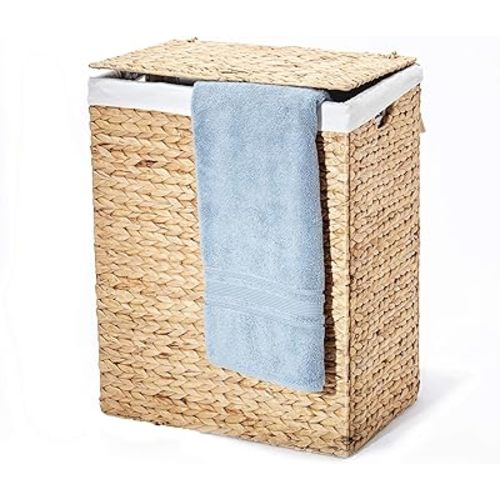 Seville Classics Premium Natural Handwoven Portable Laundry Bin Basket with Carrying Handles, Household Storage for Clothes, Linens, Sheets, Toys, Natural Water Hyacinth, Oval Hamper