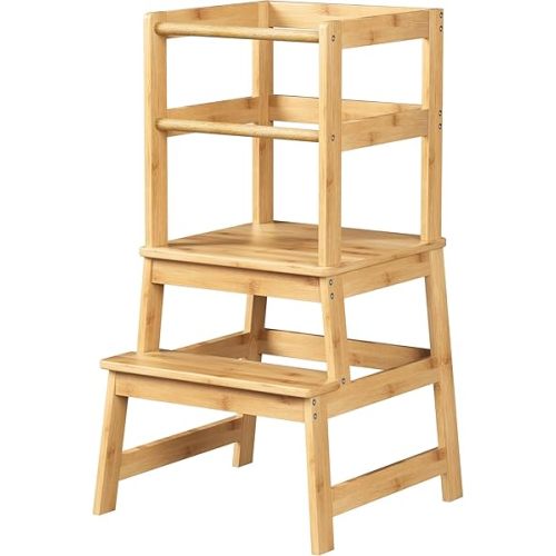 Kids Kitchen Step Stool - Toddler Step Stool for Kids Montessori Learning, Toddler Standing Tower Kitchen Stool with Safety Rail, Wide Platform Design, A Anti-tip Structure, Natural