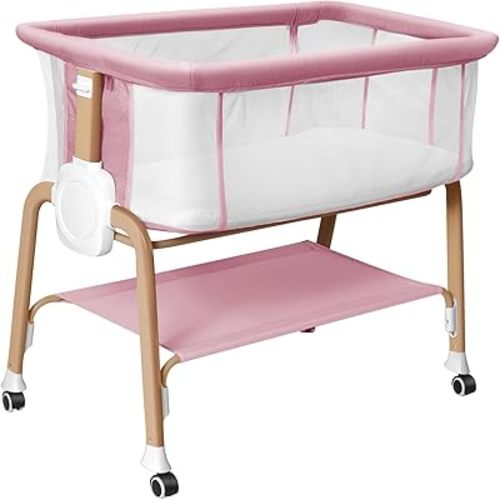 Bassinet Bedside Sleeper, Bedside Bassinet for Newborn, Baby Bassinet with 5 Adjustable Height, Rocking Bassinet with Wheels, Breathable Mesh & Mattress, Easy Folding Portable Bedside Crib(Pink)
