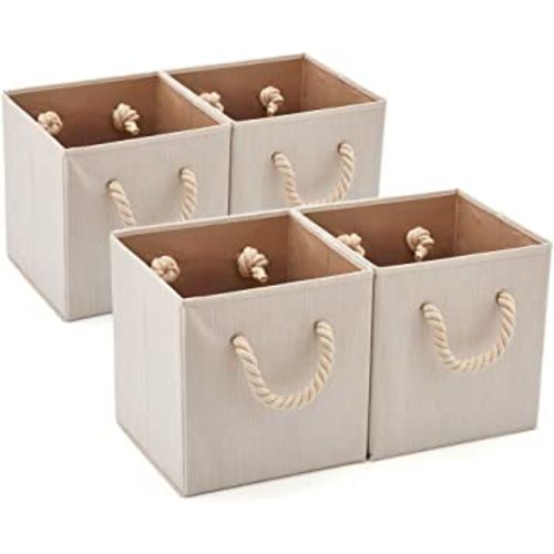 EZOWare Set of 4 Bamboo Fabric Storage Bins with Cotton Rope Handle, 10.5 x 10.5 x 11 inch Foldable Organizer Basket Cube for Nursery Toys– Beige