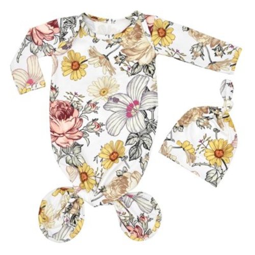 Baby Coming Home Outfit Knotted Sleep Gown Sleepwear Baby Knot Floral Long Sleeve Sleeping Gown With Hat Set For 0-3 Months Receiving Blankets F One Size