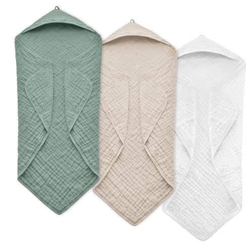 FAVERDIIY Hooded Baby Towels for Newborn, 35x35 Inch 3 Pack 100% Muslin Cotton Baby Bath Towel, Soft Baby Beach Towels with Hood for Infants, Toddlers and Kids, Essentials Must Haves