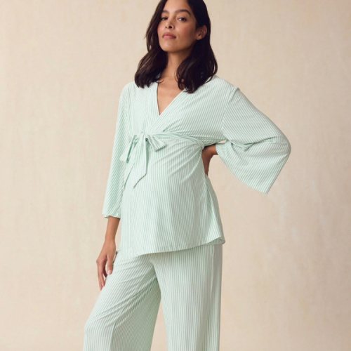 LAKE | Women | DreamModal™ Pajamas | Parisian Green Pencil Stripe Maternity Kimono Bundle