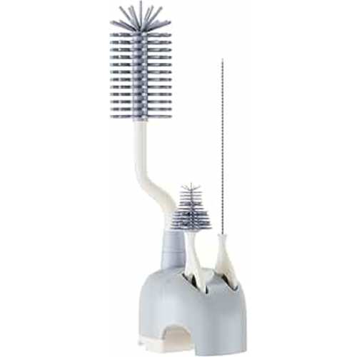 Silicone Bottle Brush Set with Stand, 360° Rotating Silicone Bottle Cleaning Brush Cleaner Set, Long Handle 3 in 1 Multipurpose Silicone Baby Bottle Straw Cleaner Brush (Grey)