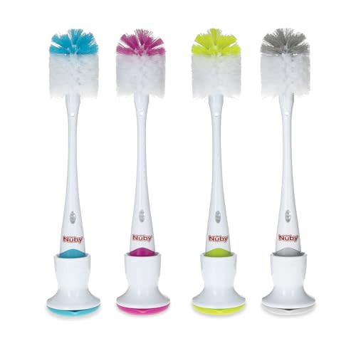 Nuby 2 in 1 Bottle and Nipple Brush with Stand, 1 Pack, Colors May Vary