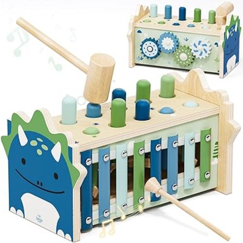 Lehoo Castle Baby Montessori Toys for 1 2 Year Old, Wooden Hammering Pounding Toy with Xylophone, Educational Learning Activities for 1 2 3 Year Old Boys First Christmas Birthday Gifts - Dinosaur