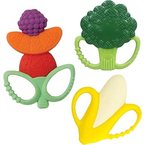 Infantino Lil’ Nibbles Textured Silicone Teethers, BPA-Free Baby Teething Toy, Soft, Easy to Hold, Sensory Stimulation for Infants, Banana, Broccoli, Fruit Kabob, 3-Pack Set