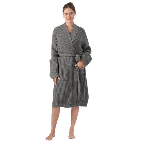 bearberry Cozy Robe Lightweight Soft Plush Robe Vertical Bar Hoodless Sleepwear Nightgown with Pockets for Women