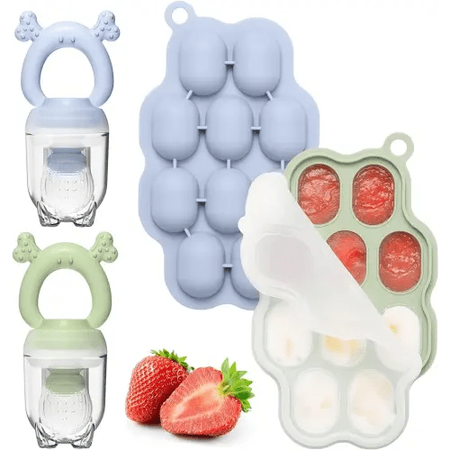 KingKam Baby Breastmilk Popsicle Molds & Baby Fruit Feeder (2 Pack), Baby Food Freezer Tray Storage Containers, Silicone Pacifier Feeder and Teether