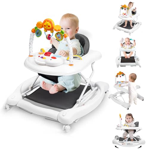 Boyro Baby 5-in-1 Baby Walker, Baby Walkers for Boys Girls 6-18 Months, Foldable Activity Walker, Toddler Infant Walker with Bouncer, Adjustable Height, Removable Footrest, Feeding Tray, Music